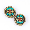 Cherry Tree Beads Tibetan Brass 12mm Evil Eye Motif Coin Beads with Turquoise Howlite and Red Coral inlay- 2 per bag 