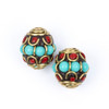 Cherry Tree Beads Tibetan Brass 13x14mm Round Beads with Turquoise Howlite and Red Coral inlay - 2 per bag 