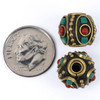 Cherry Tree Beads Tibetan Brass 12x13mm Cube Beads with Turquoise Howlite and Red Coral inlay - 2 per bag 