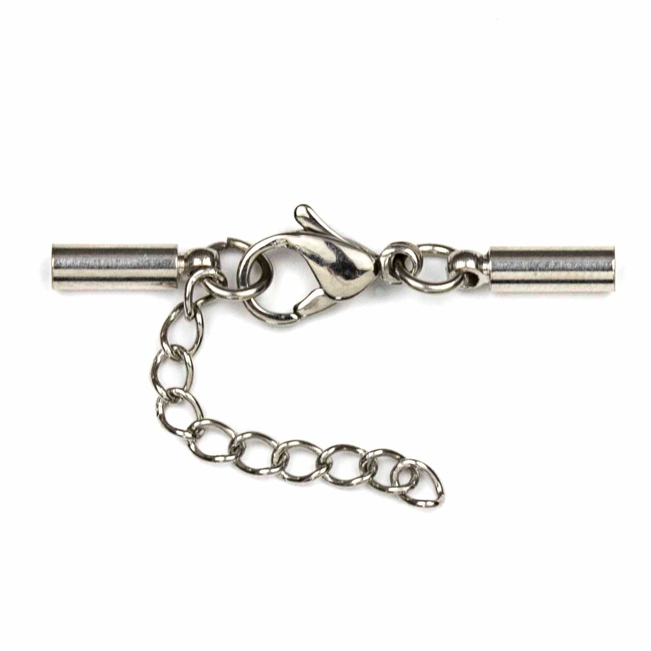 Stainless Steel 2mm Cord Ends with a 7x12mm Lobster Clasp and 1 inch Extender  Chain - 2 sets per bag