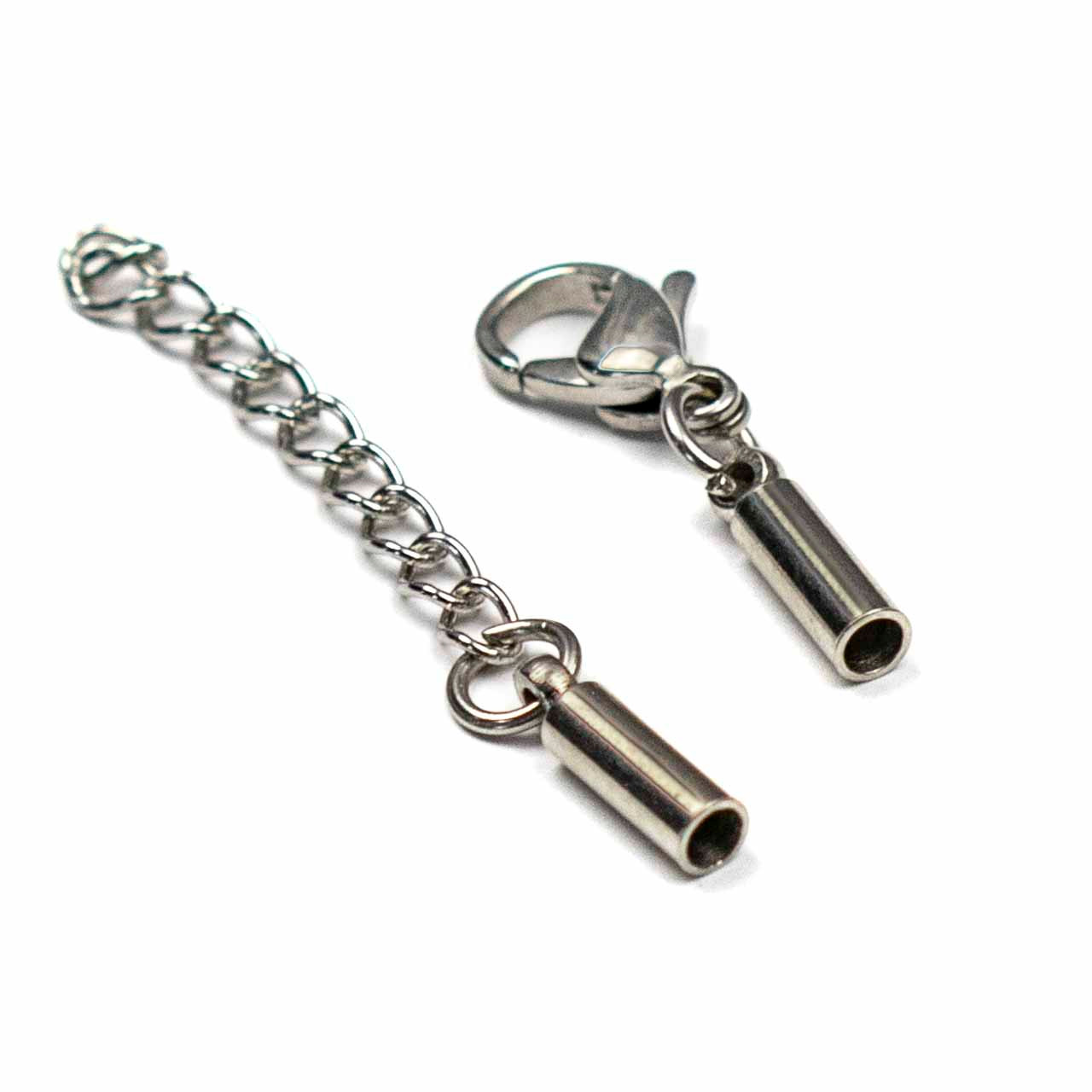 Stainless Steel 2mm Cord Ends with a 7x12mm Lobster Clasp and 1 inch Extender  Chain - 2 sets per bag