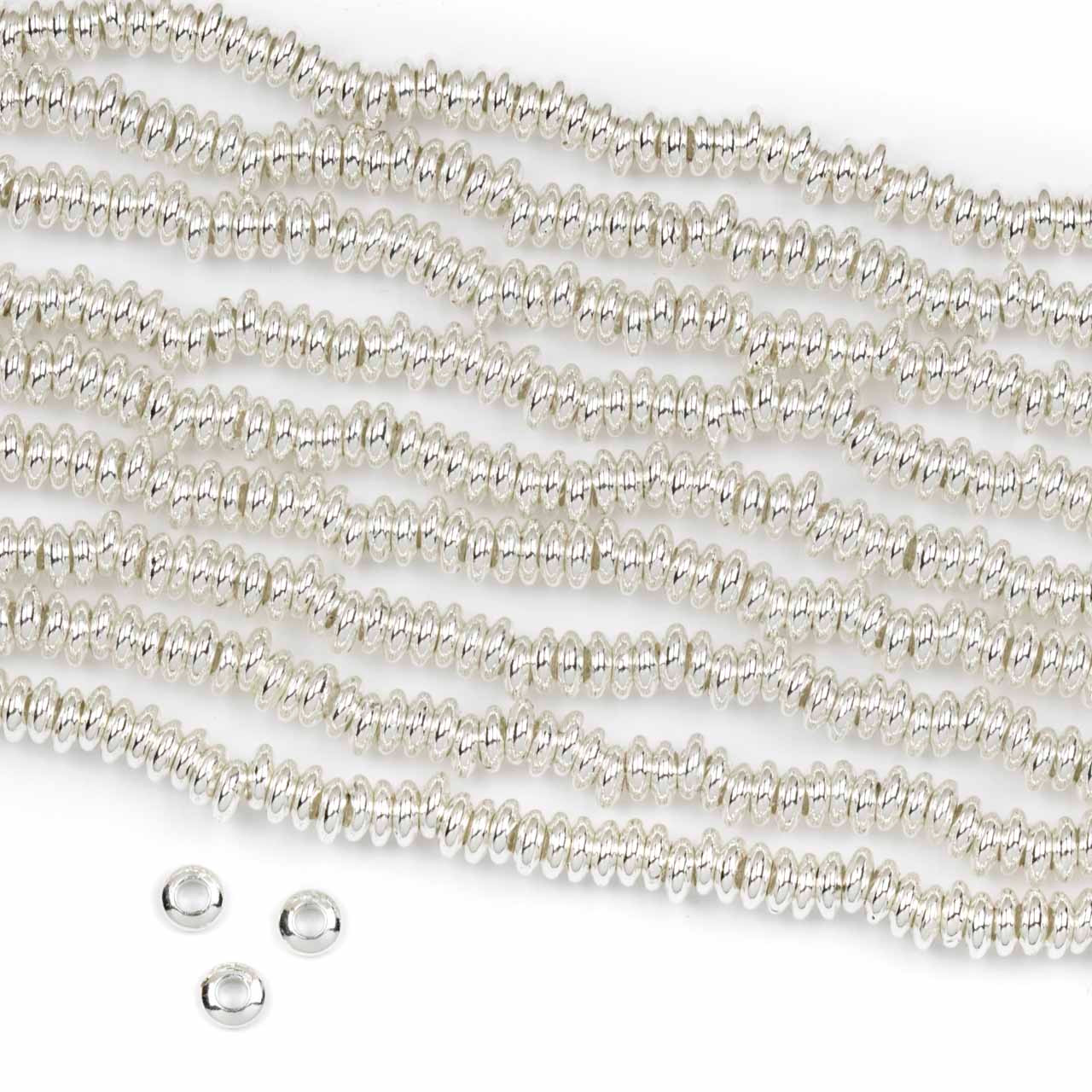 Silver Plated Brass 2x4mm Rondelle Spacer Beads with approximately 2mm  Large Hole - approx. 8 inch strand