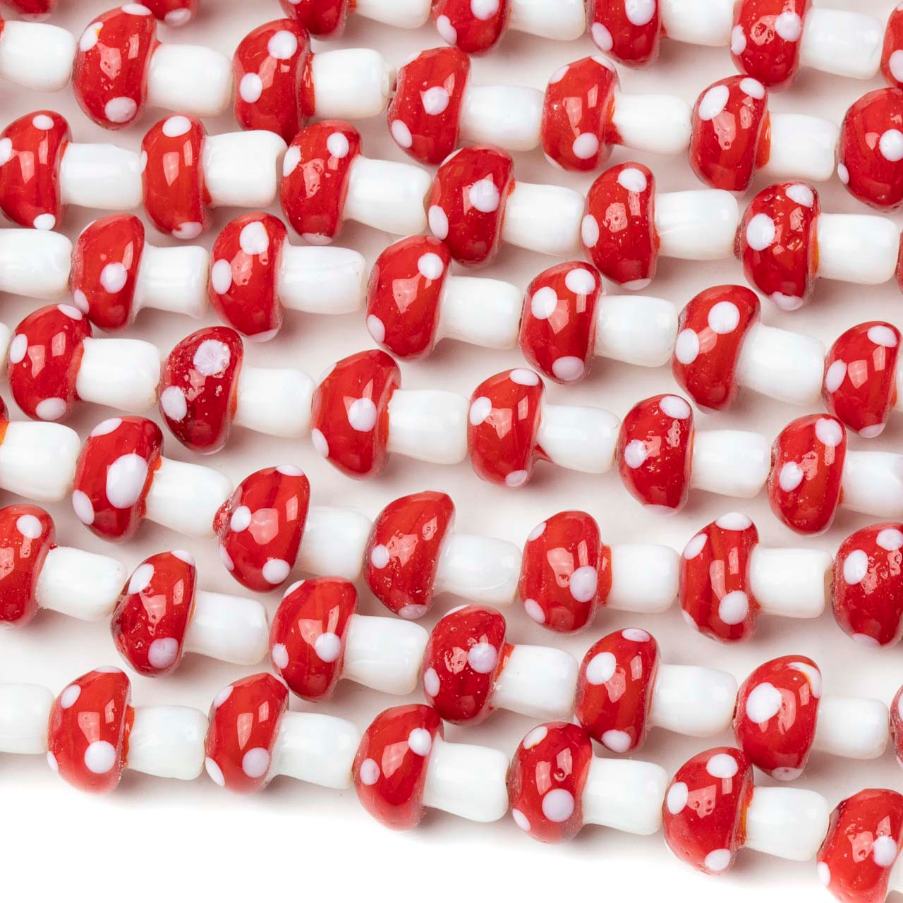 Handmade Lampwork Glass 10x13mm Red Mushroom Beads - 8 inch strand