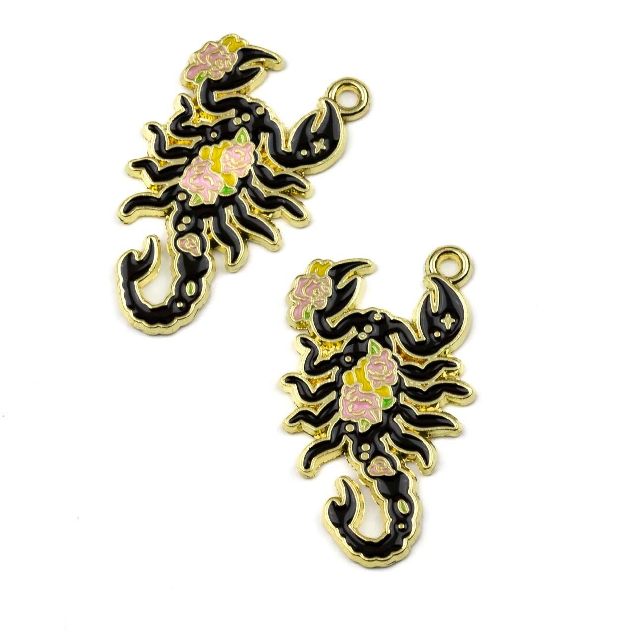 Enameled Gold Pewter 18x30mm Black Scorpion Charms with Pink