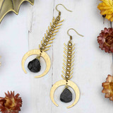 Black Tourmaline and Brass Moon Earrings