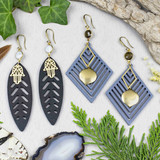 Wood, Gemstone, and Brass Earrings