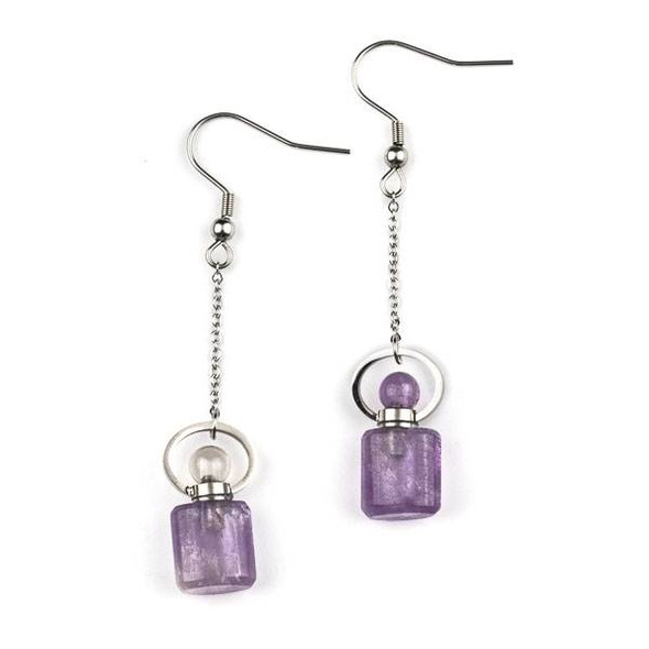 Amethyst 11x19mm Rounded Square Perfume Bottle Earrings with Silver Stainless Steel - 1 pair