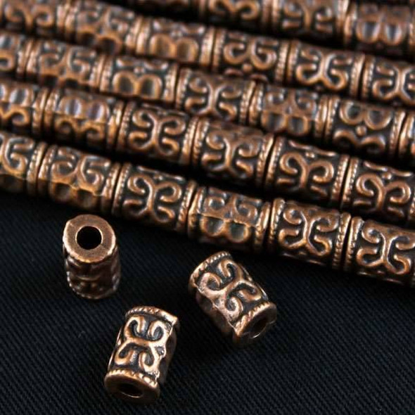 Vintage Copper Colored Pewter 6x10mm Barrel Beads with Scroll Pattern - approx. 8 inch strand - basea0335vc