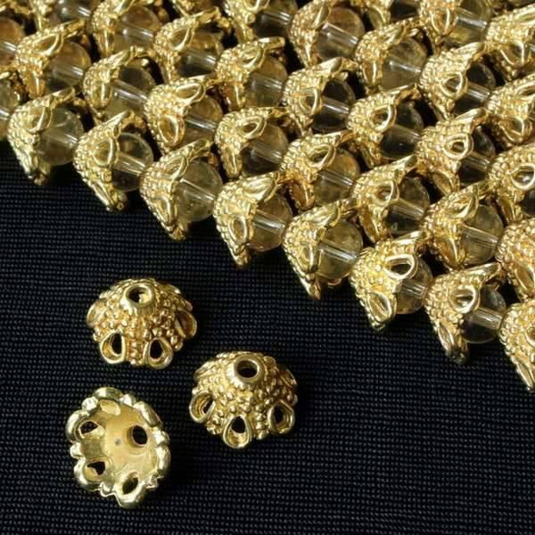 Cherry Tree Beads New Gold Colored "Pewter" (zinc-based alloy) 7x11mm Bali Style Dotted and Open Bead Caps - approx. 8 inch strand - basea03584g 