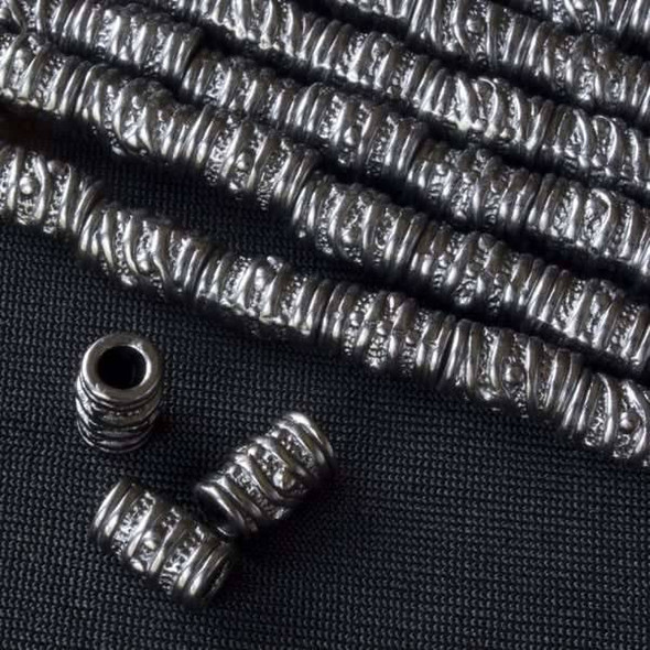 Gun Metal Colored Pewter 4x9mm Tube Beads with Spiral Lines and Dots - approx. 8 inch strand - basea0420gm