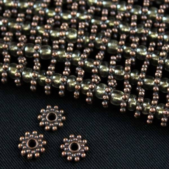 Vintage Copper Colored Pewter 8mm Snowflake Spacer Beads - approx. 8 inch strand - basea0524vc