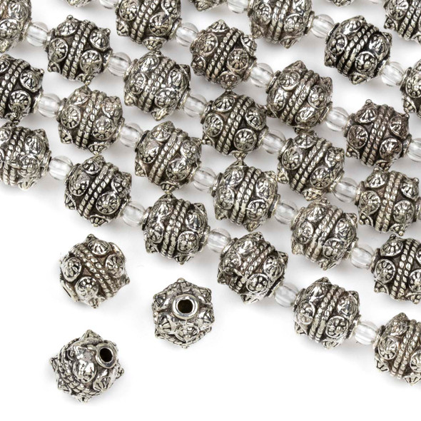 Silver "Pewter" (zinc-based alloy) 10mm Bali Style Round Beads - approx. 8 inch strand - basea0749s