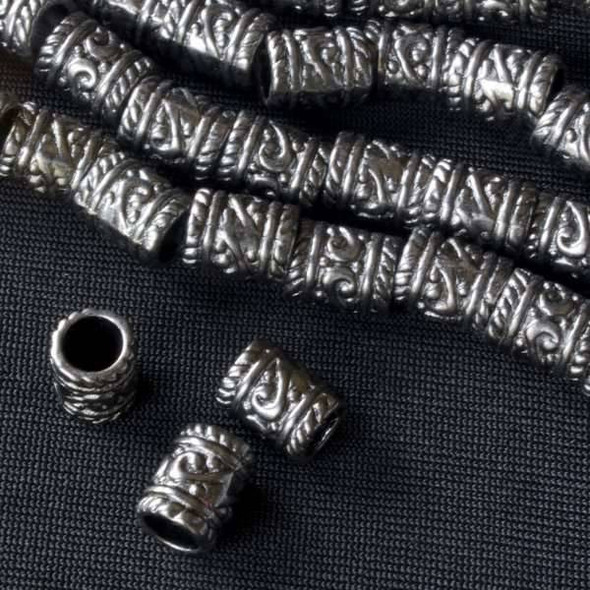 Gun Metal Colored Pewter 7x9mm Tube Beads with Center Scrolls and a 4mm Large Hole - approx. 8 inch strand - basea0834gm