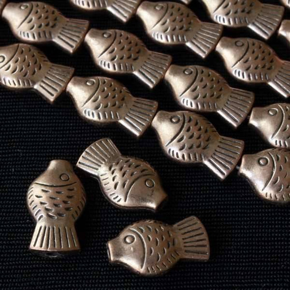 Vintage Copper Colored Pewter 9x15mm Thai Style Fish Beads - approx. 8 inch strand - basea10100vc