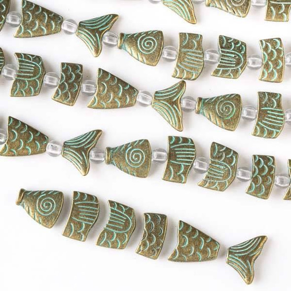 Cherry Tree Beads Green Bronze Colored "Pewter" (zinc-based alloy) 17x72mm Greek Style Worry Fish Beads - approx. 8 inch strand - basea13083gb 