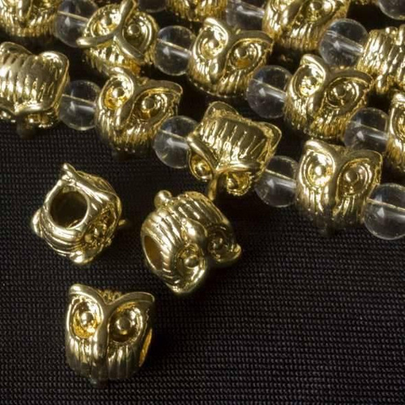 Cherry Tree Beads Gold Colored "Pewter" (zinc-based alloy) 10mm Horizontally Drilled Owl Head Beads with 4mm Large Hole - approx. 8 inch strand - basea24313g 