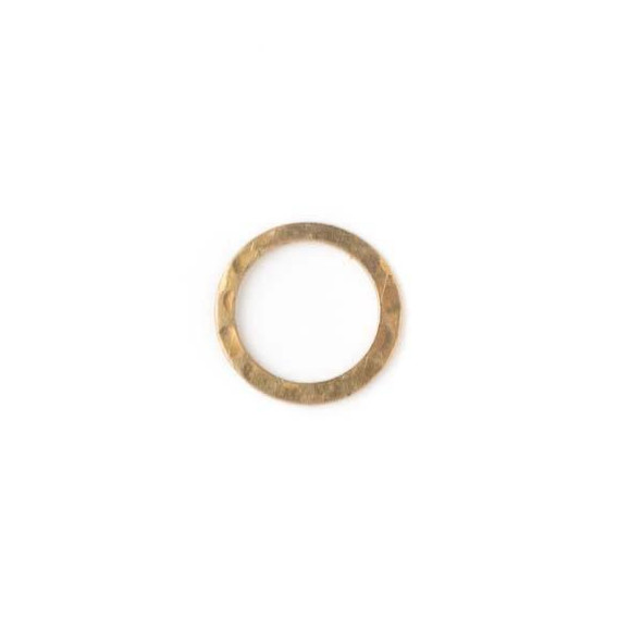 Close-up of 13mm hammered brass links in raw and coated finishes, showcasing textured surface and round open-ring shape.
