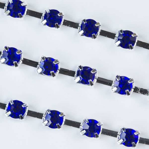 Silver Base Metal 3mm Cup Chain with 3mm Spaces and Sapphire Blue Crystals - 1 foot