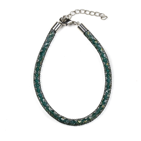 Emerald Green Crystal with Black Mesh Single Strand Bracelet