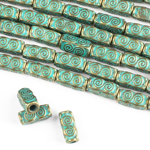 Green Bronze Colored Pewter 5x10mm Squared Tube Beads with Spirals and a 2mm Large Hole - approx. 8 inch strand - CTB00044gb