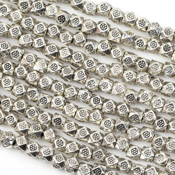 Cherry Tree Beads Silver Pewter 3mm Faceted Cube Spacer Beads with Stamped Daisy - 8 inch strand 