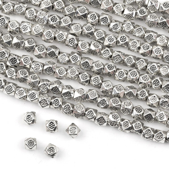Cherry Tree Beads Silver Pewter 3mm Faceted Cube Spacer Beads with Stamped Daisy - 8 inch strand 