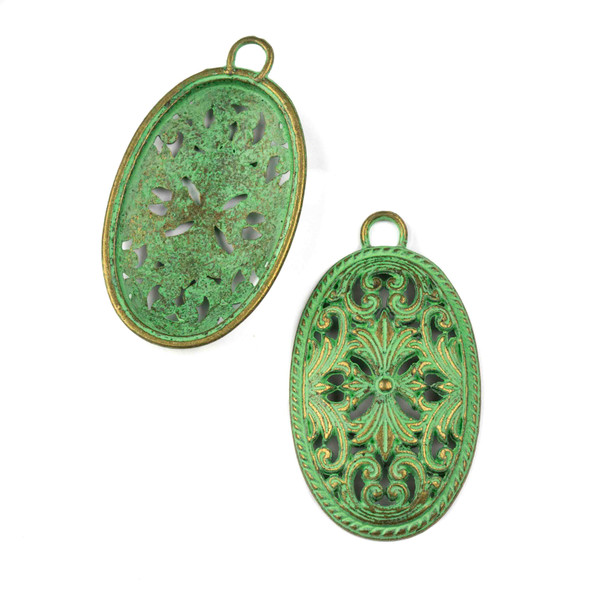 Green Bronze Colored Pewter 26x45mm Decorative Oval Charm - 6 per bag