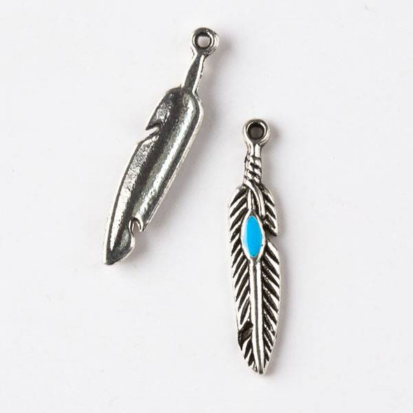 Silver Pewter 6x28mm Feather with Painted Turquoise Blue Charm - 10 per bag