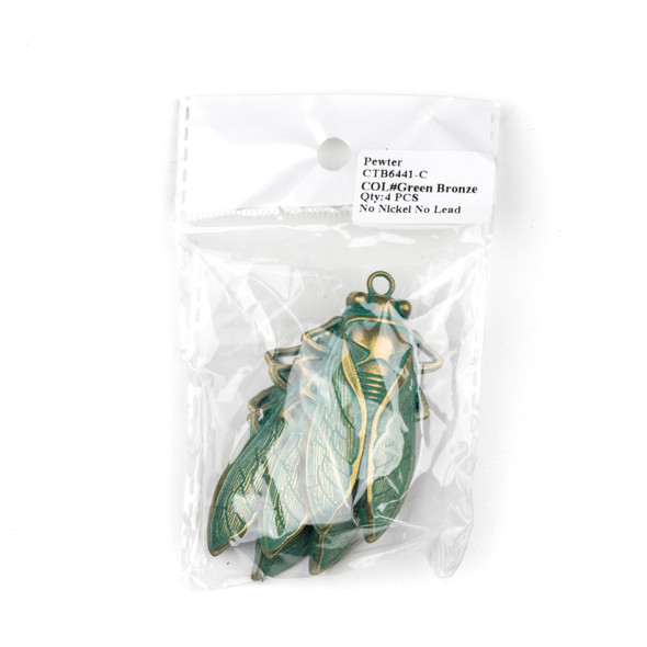 Green Bronze Colored Pewter 33x61mm Cicada Bug Charm - 4 per bag