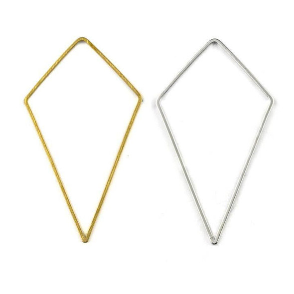 Brass 34mm kite-shaped geometric components in raw, coated, and silver plated finishes, displayed on a neutral background