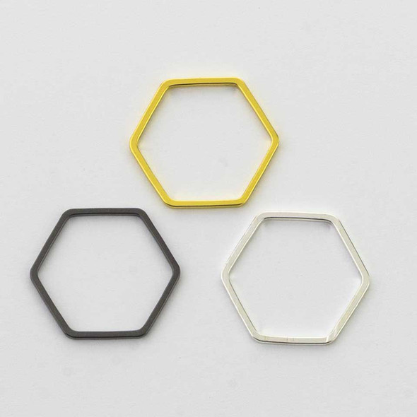 Made from brass and finished in a selection of plated metal tones, these hexagon links can be used as connectors, focal elements, or decorative accents in necklaces, bracelets, and earrings. They work beautifully alongside gemstones, pearls, chain, and other findings, making them a useful component for both contemporary and classic jewelry designs.