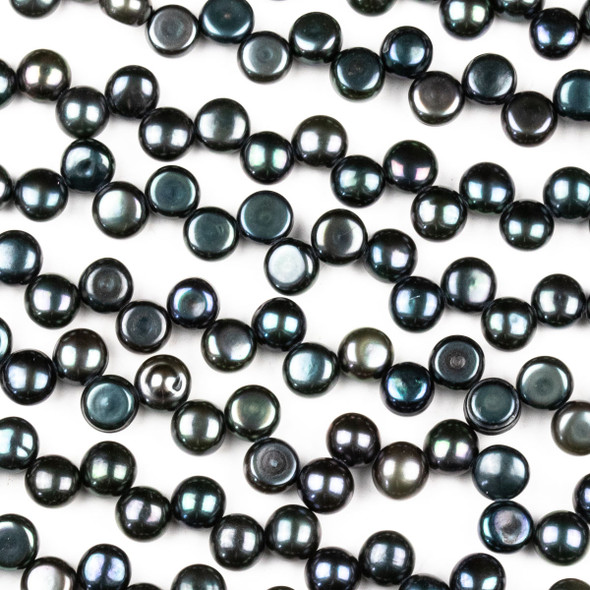 Fresh Water Pearl 6mm Dark Green Peacock Top Drilled Dancing Button Beads - 15.5 inch strand