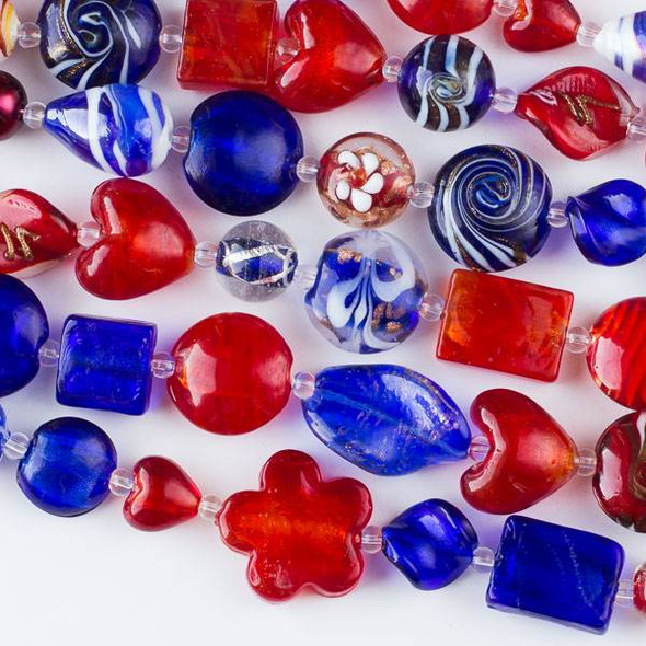 Mixed Handmade Lampwork Glass Strand - Red and Blue Mix