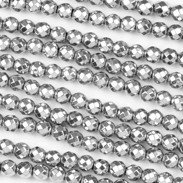 Synthetic Hematite 4mm Plated Silver Faceted Round Beads - approx. 8 inch strand