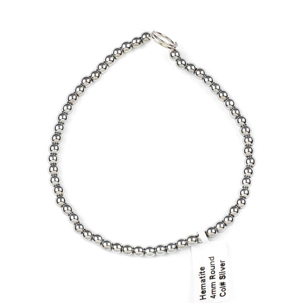 Hematite 4mm Plated Silver Round Beads - 8 inch strand