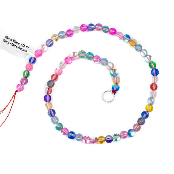 Imitation Glass Moonstone 6mm Matte Rainbow Mix Round Beads - 15 inch strand