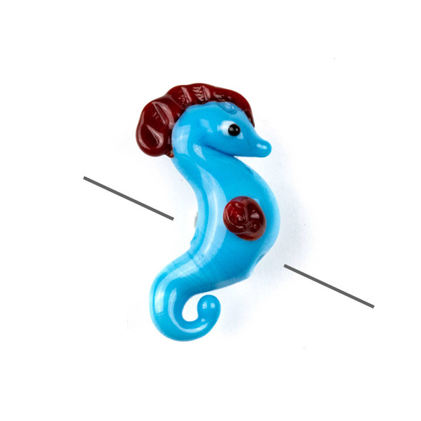 Handmade Lampwork Glass 16x31mm Aqua Blue Seahorse Bead with Red Fins - 1 per bag