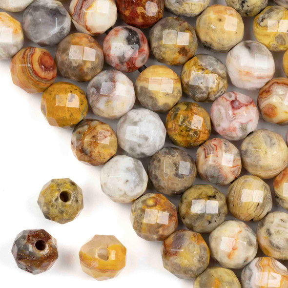 Faceted Large Hole Crazy Lace Agate 12mm Round with a 2.5mm Drilled Hole - approx. 8 inch strand