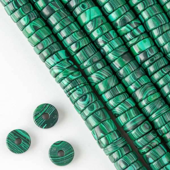 Large Hole Synthetic Malachite 3-5x10mm Heishi with 2.5mm Drilled Hole - approx. 8 inch strand