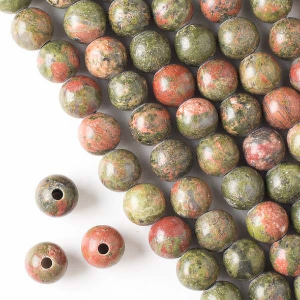 Large Hole Unakite 10mm Round Beads with a 2.5mm Drilled Hole - approx. 8 inch strand