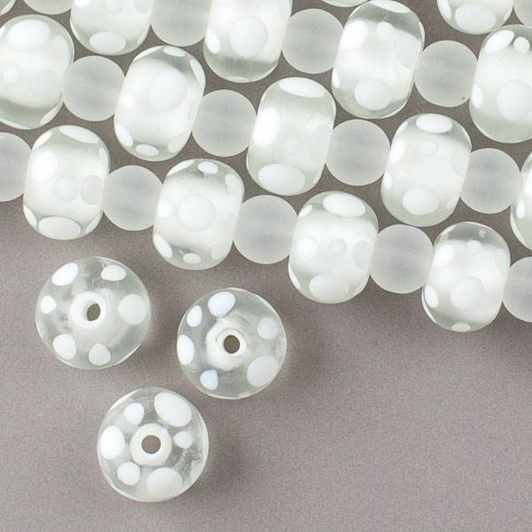 Large Hole Handmade Lampwork Glass 10x14mm Matte Rondelle Beads with a White Core, a 2mm Hole, and White Bubbles - approx. 8 inch strand