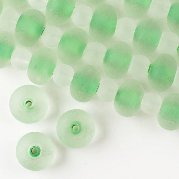 Large Hole Handmade Lampwork Glass 10x14mm Matte Rondelle Beads with a Light Green Core and a 2mm Hole - approx. 8 inch strand