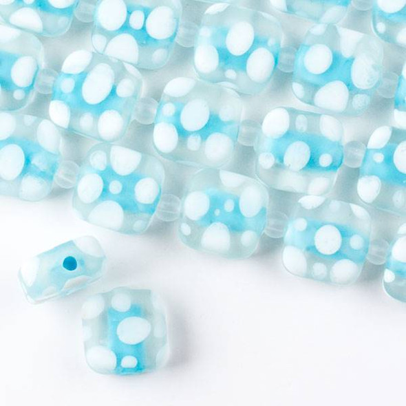 Large Hole Handmade Lampwork Glass 14mm Matte Square Beads with a Light Aqua Blue Core, a 2mm Hole, and White Bubbles  - approx. 8 inch strand