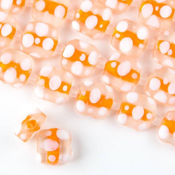Large Hole Handmade Lampwork Glass 14mm Matte Square Beads with an Orange Core, a 2mm Hole, and White Bubbles  - approx. 8 inch strand