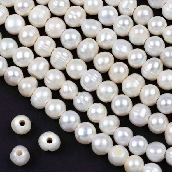 9-10mm White Freshwater Potato/Round Pearl with a 2-2.5mm Large Hole - approx. 8 inch strand