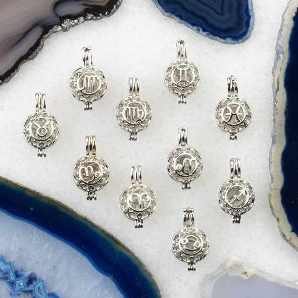 Cherry Tree Beads Silver 12x20mm Small Round Zodiac Prayer Box/Oil Diffuser Pendant 
