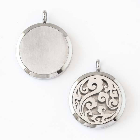 Silver Stainless Steel 30x36mm Locket/Oil Diffuser Pendant with a Swirled - 1 per bag, #006