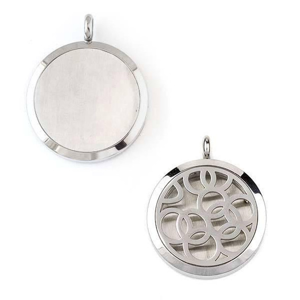 Cherry Tree Beads silver stainless steel locket oil diffuser pendant, 30x36mm with cut out overlapping circles design, 1 per bag.