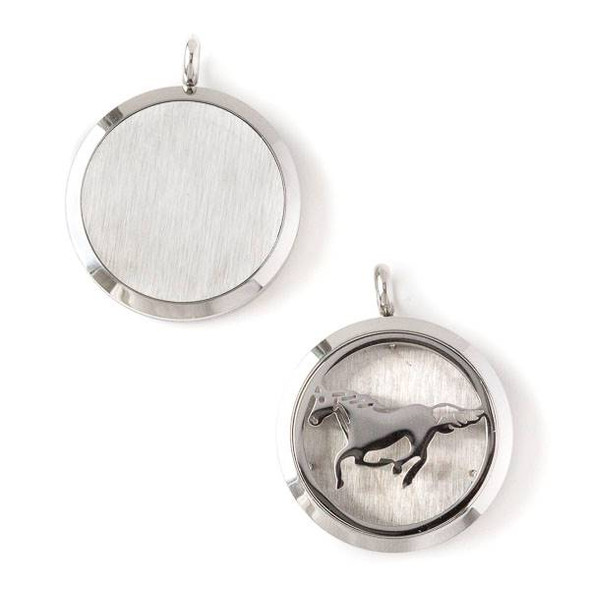 Silver Stainless Steel 30x36mm Locket/Oil Diffuser Pendant with a Horse - 1 per bag, #123
