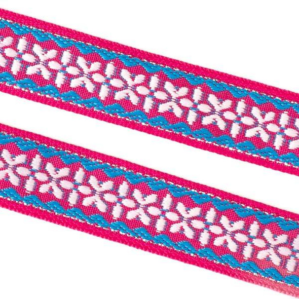 Embroidered Coral Pink and Blue Tribal Ribbon - 12mm Flat, 5 yards #LY037